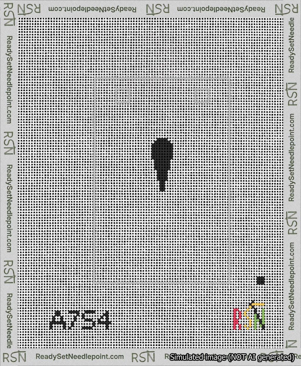 A taped needlepoint canvas with the design: Banner 13 mesh count Squared Apostrophe Black on White.