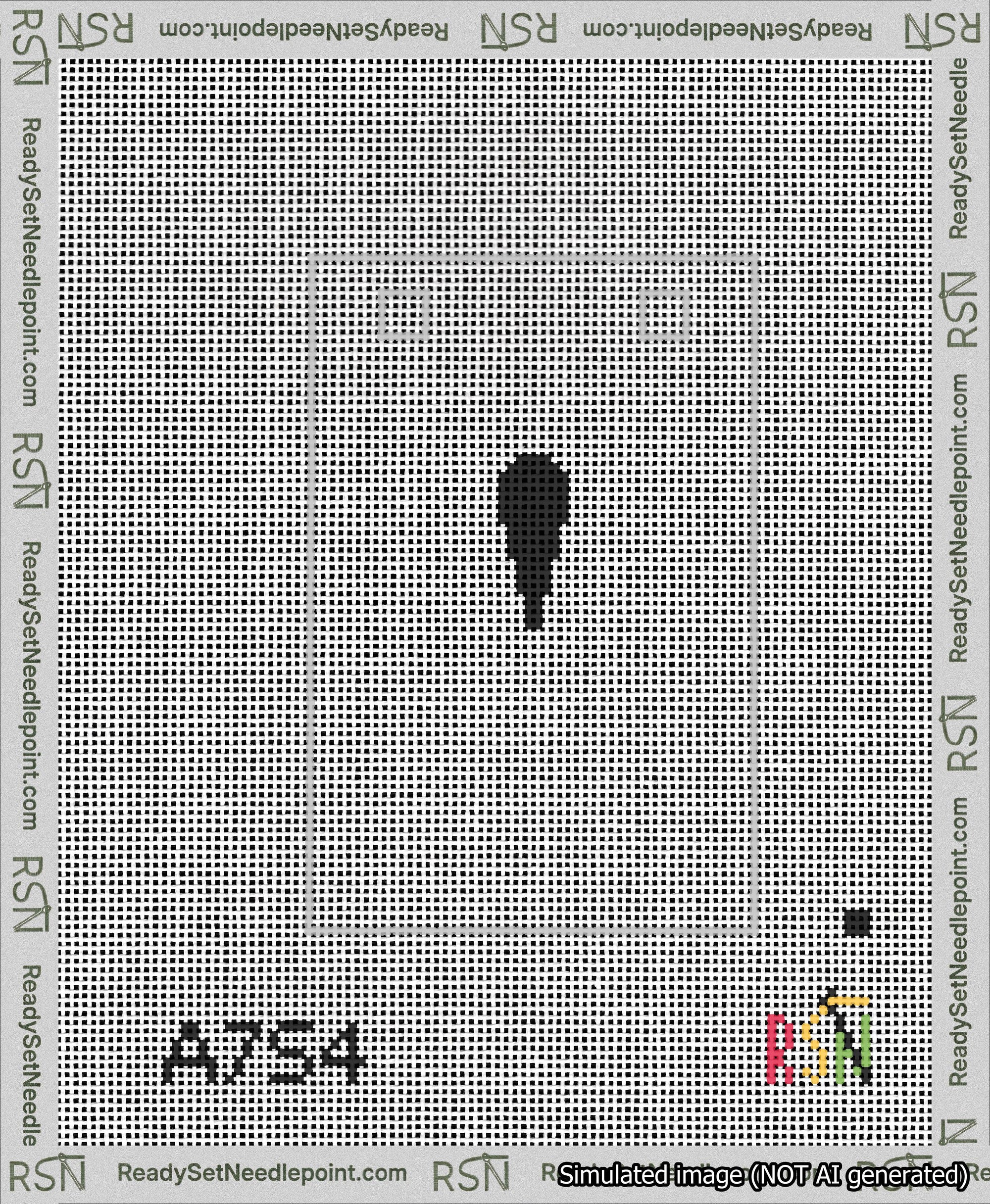 A taped needlepoint canvas with the design: Banner 13 mesh count Squared Apostrophe Black on White.