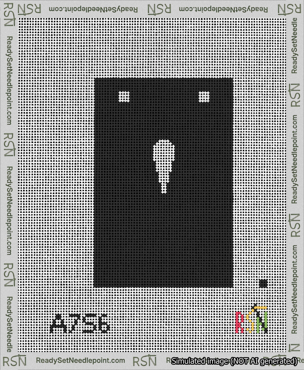 A taped needlepoint canvas with the design: Banner 13 mesh count Squared Apostrophe White on Black.