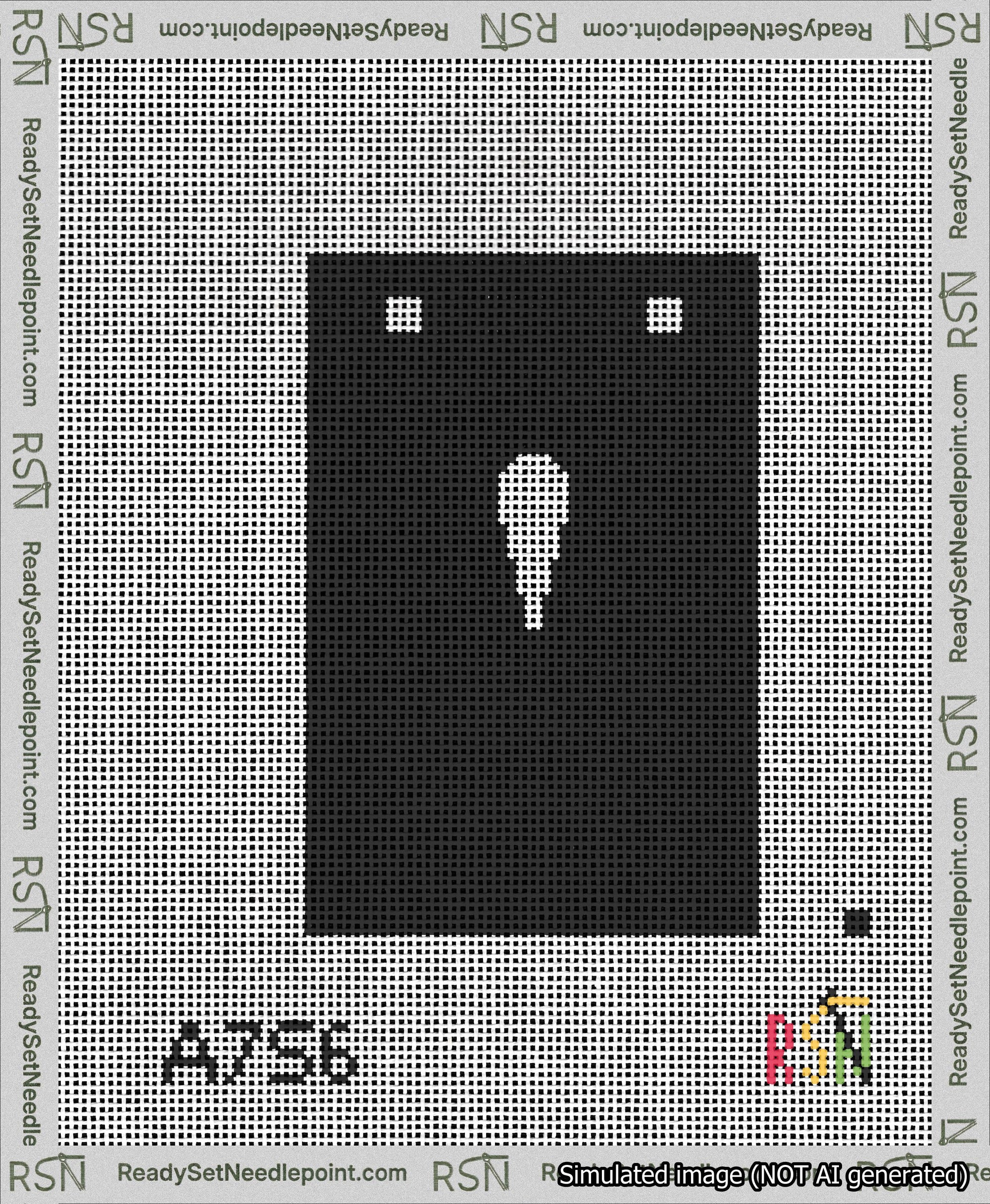 A taped needlepoint canvas with the design: Banner 13 mesh count Squared Apostrophe White on Black.