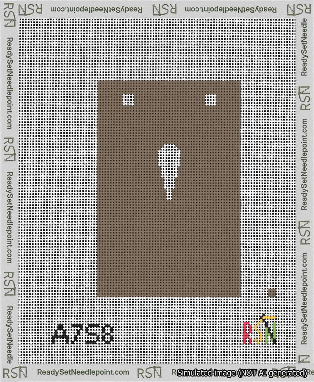 A taped needlepoint canvas with the design: Banner 13 mesh count Squared Apostrophe White on Brown.