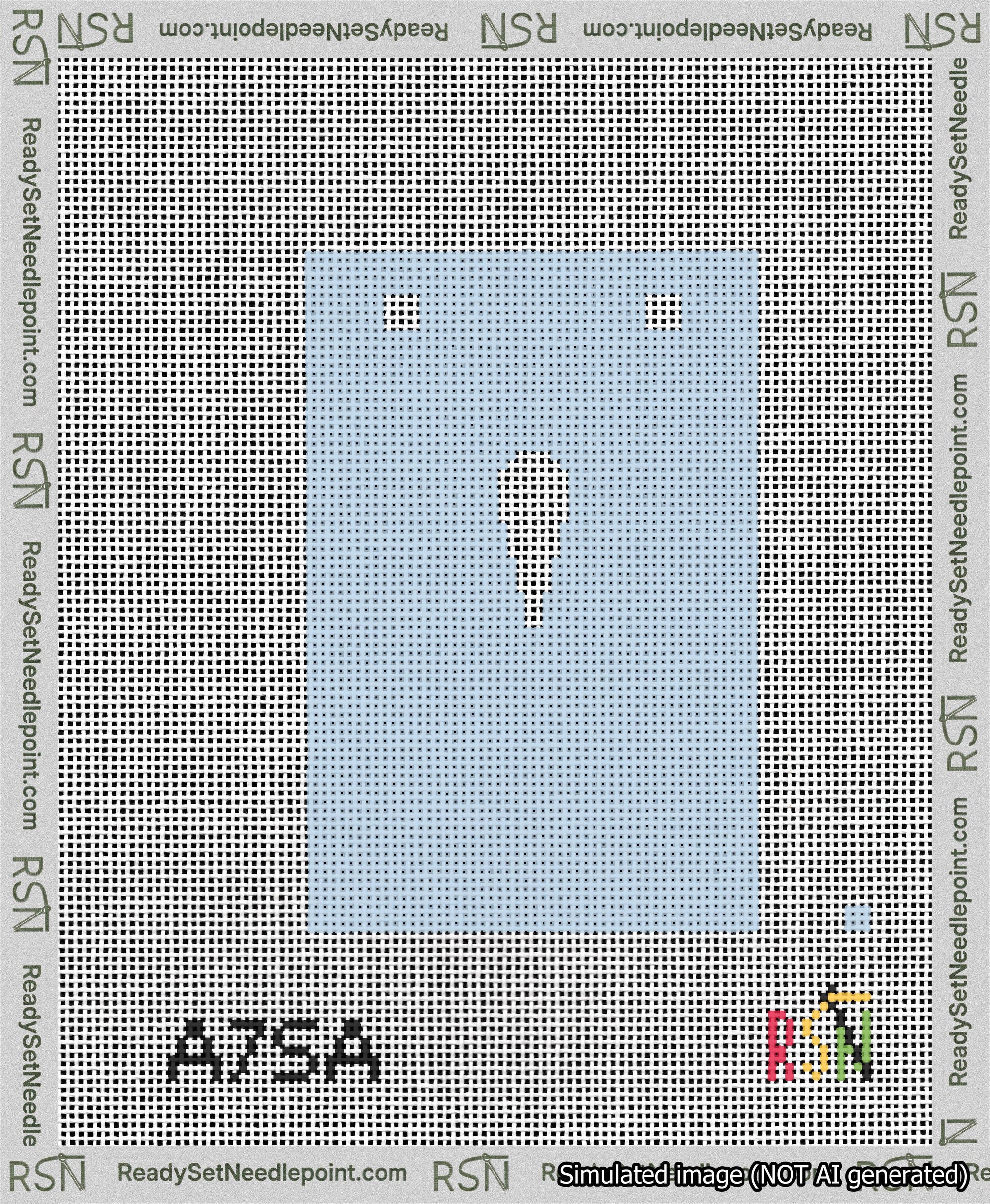 A taped needlepoint canvas with the design: Banner 13 mesh count Squared Apostrophe White on Light Blue.