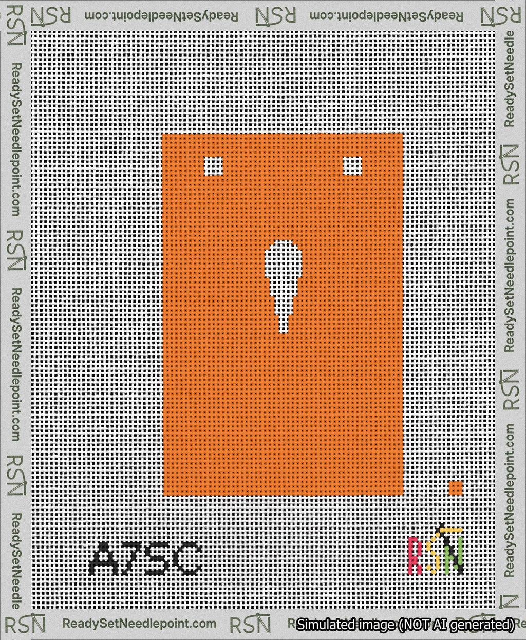 A taped needlepoint canvas with the design: Banner 13 mesh count Squared Apostrophe White on Orange.