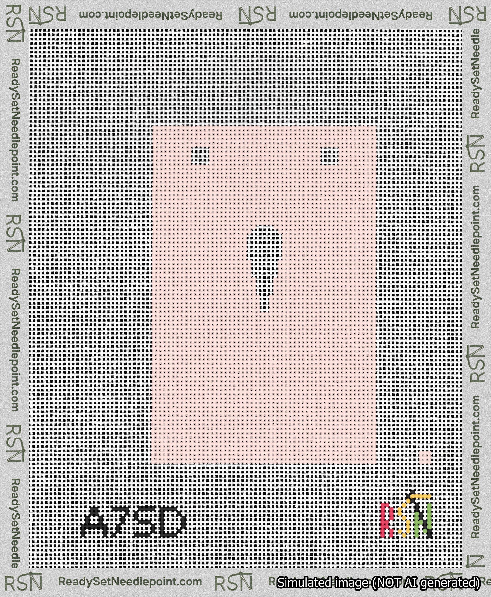 A taped needlepoint canvas with the design: Banner 13 mesh count Squared Apostrophe White on Pink.