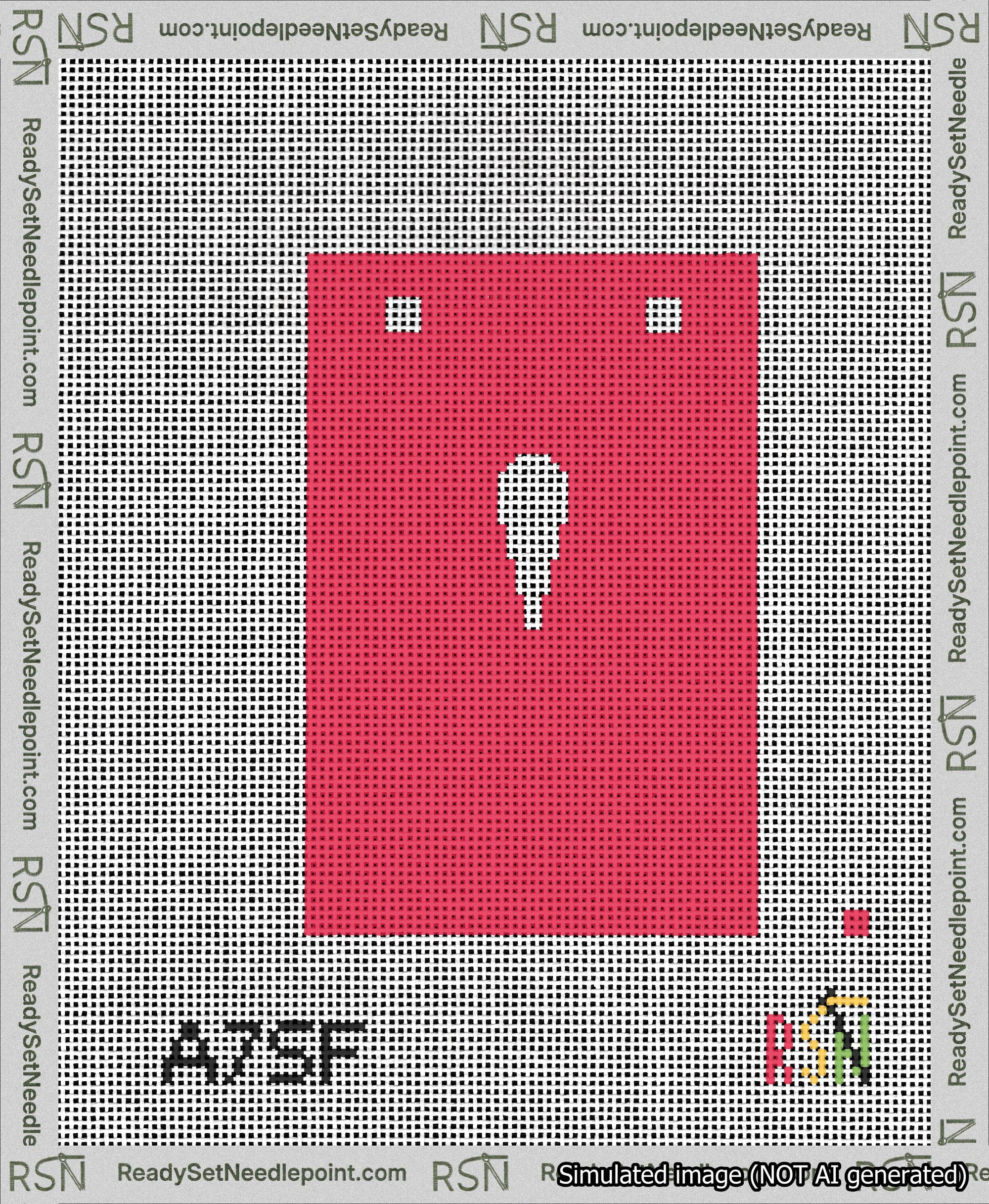 A taped needlepoint canvas with the design: Banner 13 mesh count Squared Apostrophe White on Red.