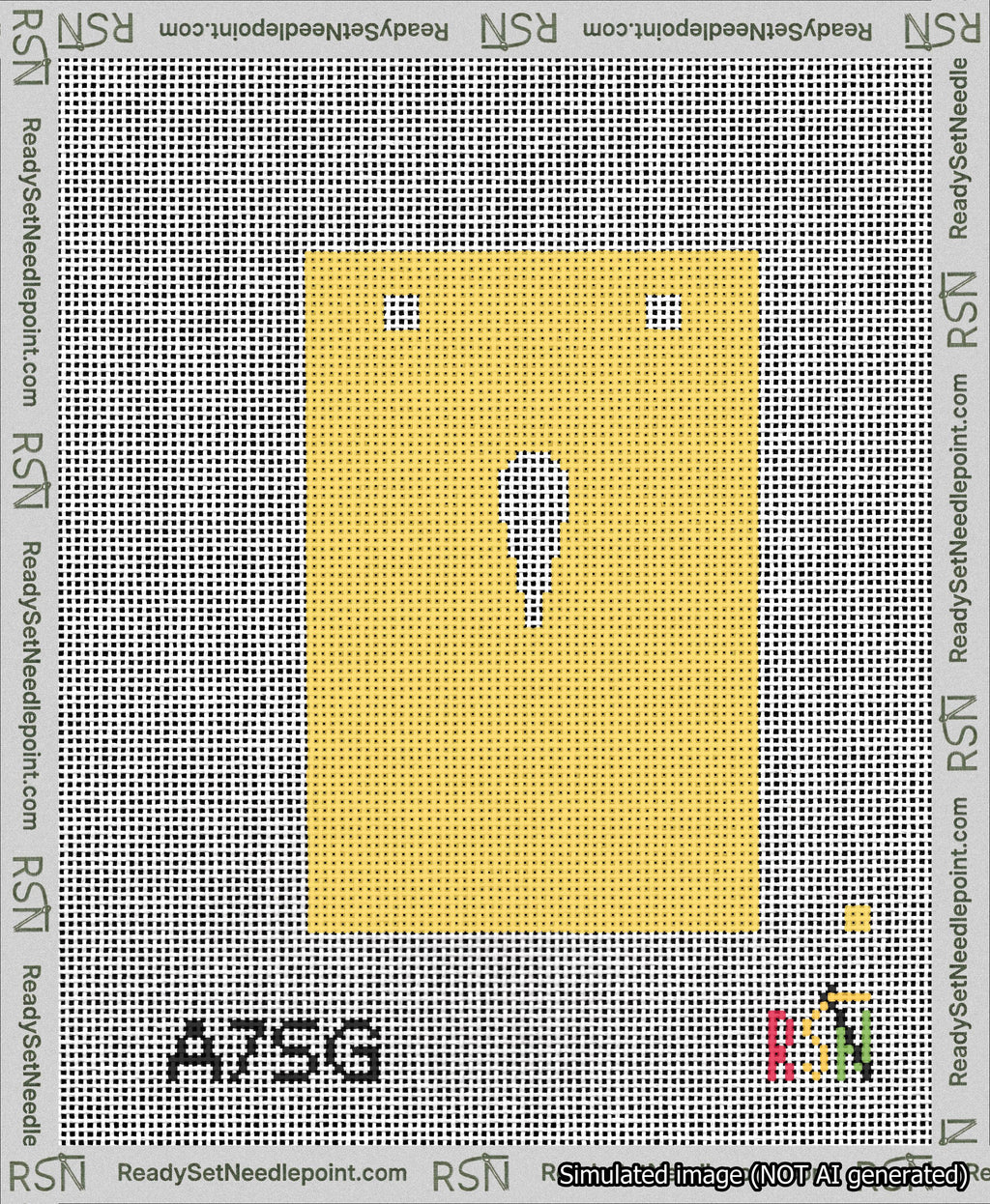 A taped needlepoint canvas with the design: Banner 13 mesh count Squared Apostrophe White on Yellow.