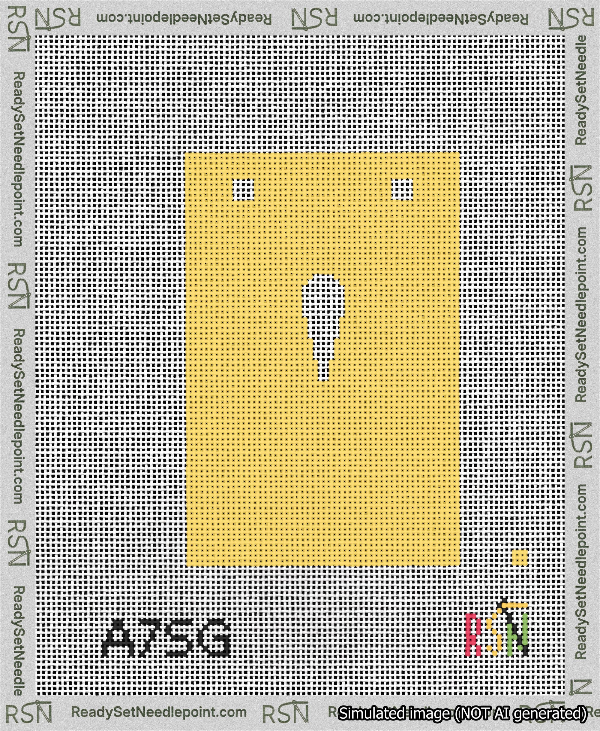 A taped needlepoint canvas with the design: Banner 13 mesh count Squared Apostrophe White on Yellow.