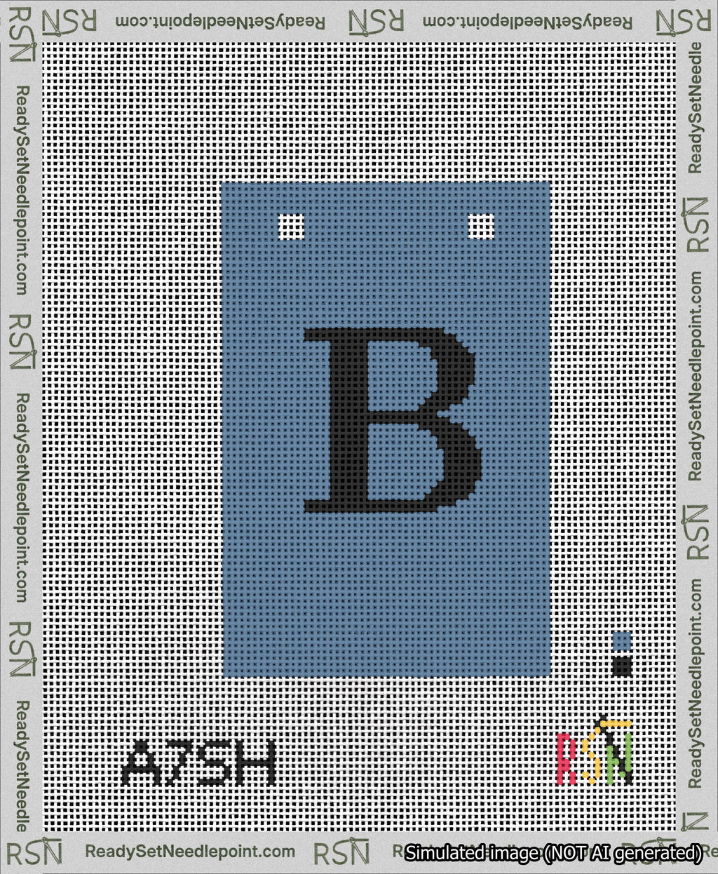 A taped needlepoint canvas with the design: Banner 13 mesh count Squared B Black on Blue.