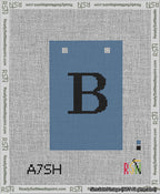 A taped needlepoint canvas with the design: Banner 13 mesh count Squared B Black on Blue.