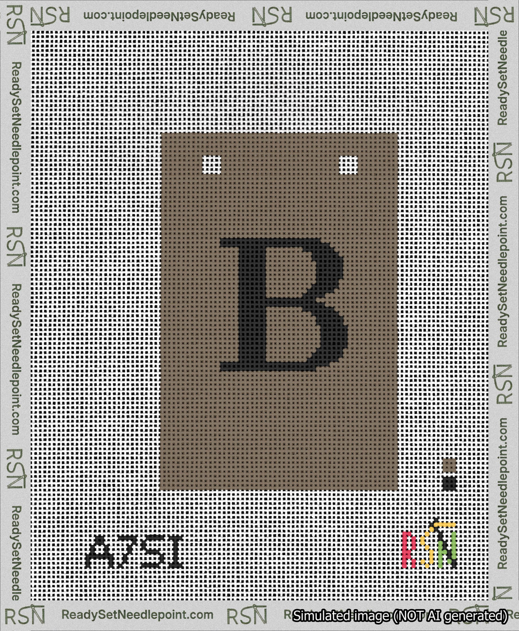 A taped needlepoint canvas with the design: Banner 13 mesh count Squared B Black on Brown.