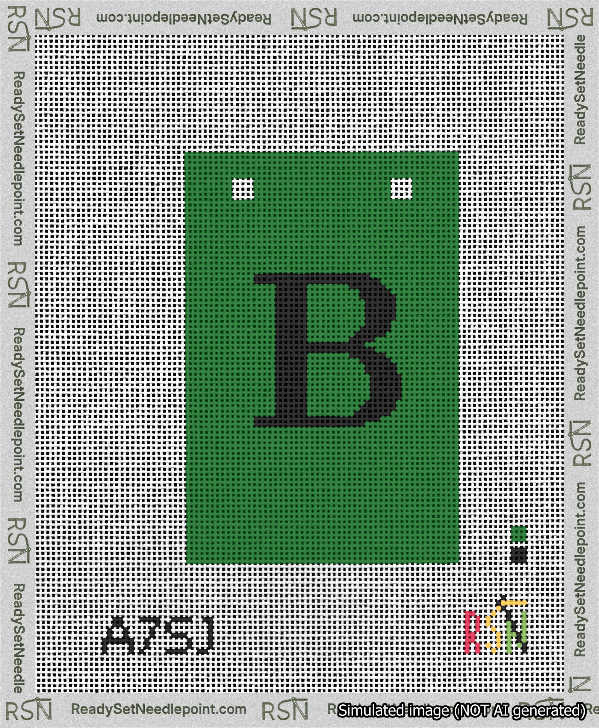 A taped needlepoint canvas with the design: Banner 13 mesh count Squared B Black on Green.