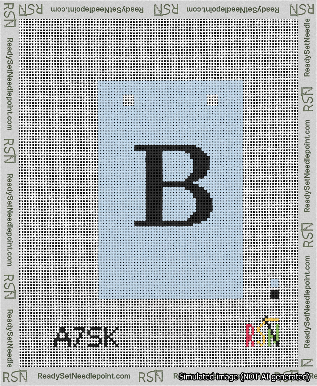 A taped needlepoint canvas with the design: Banner 13 mesh count Squared B Black on Light Blue.