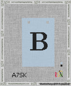 A taped needlepoint canvas with the design: Banner 13 mesh count Squared B Black on Light Blue.