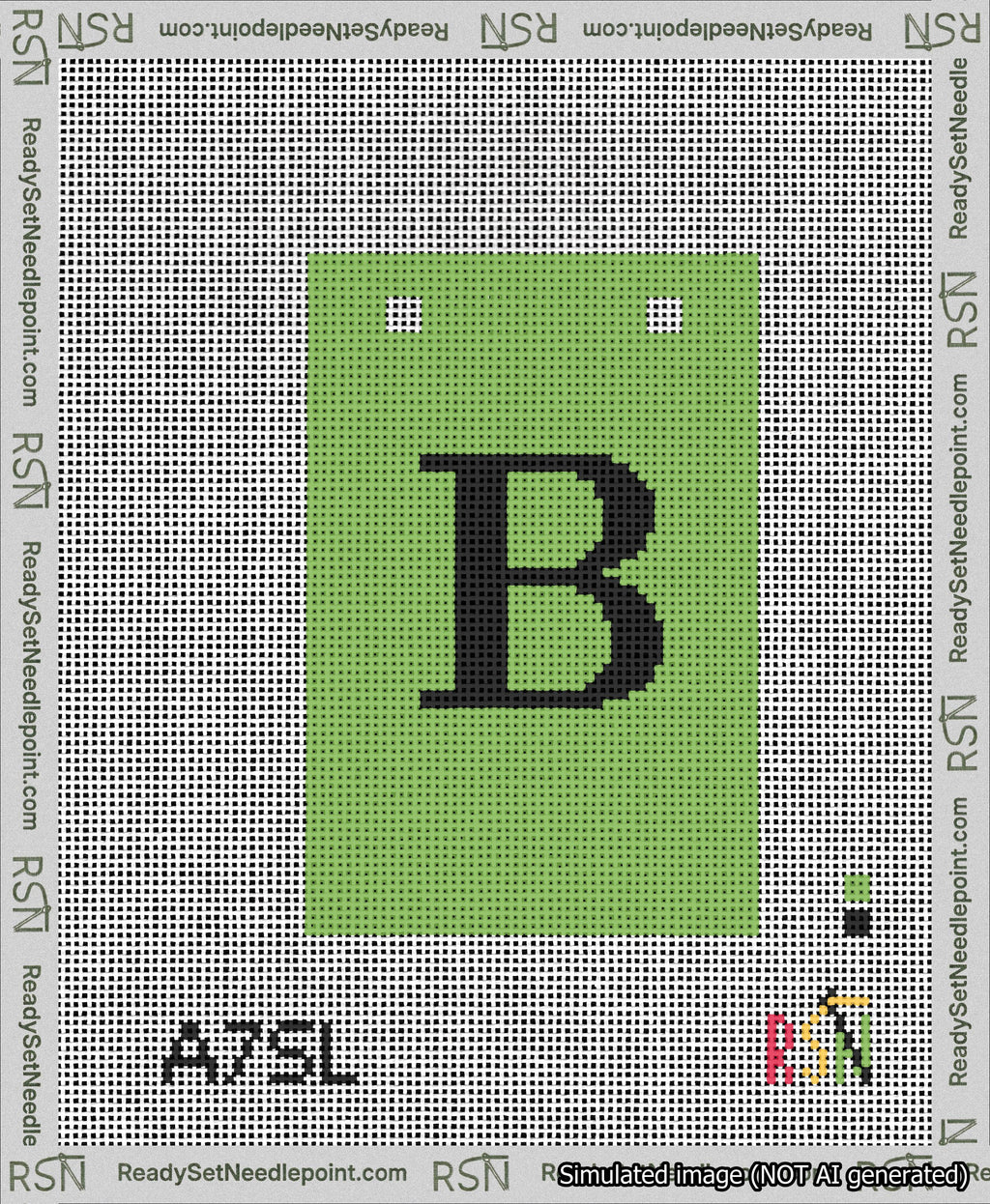 A taped needlepoint canvas with the design: Banner 13 mesh count Squared B Black on Light Green.
