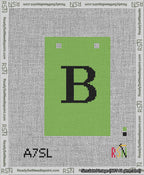 A taped needlepoint canvas with the design: Banner 13 mesh count Squared B Black on Light Green.