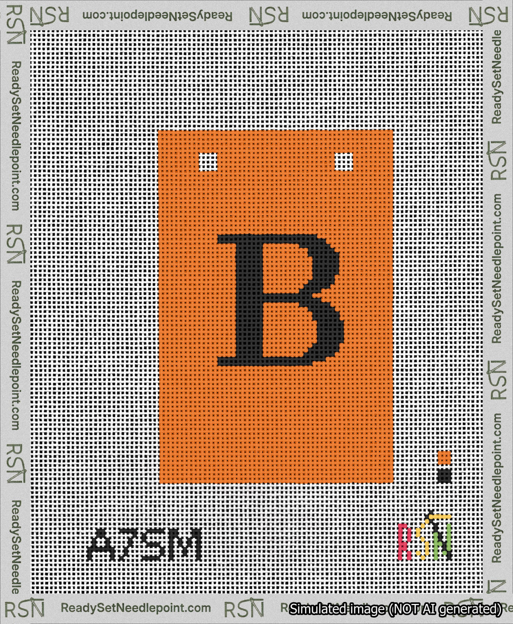 A taped needlepoint canvas with the design: Banner 13 mesh count Squared B Black on Orange.