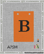 A taped needlepoint canvas with the design: Banner 13 mesh count Squared B Black on Orange.
