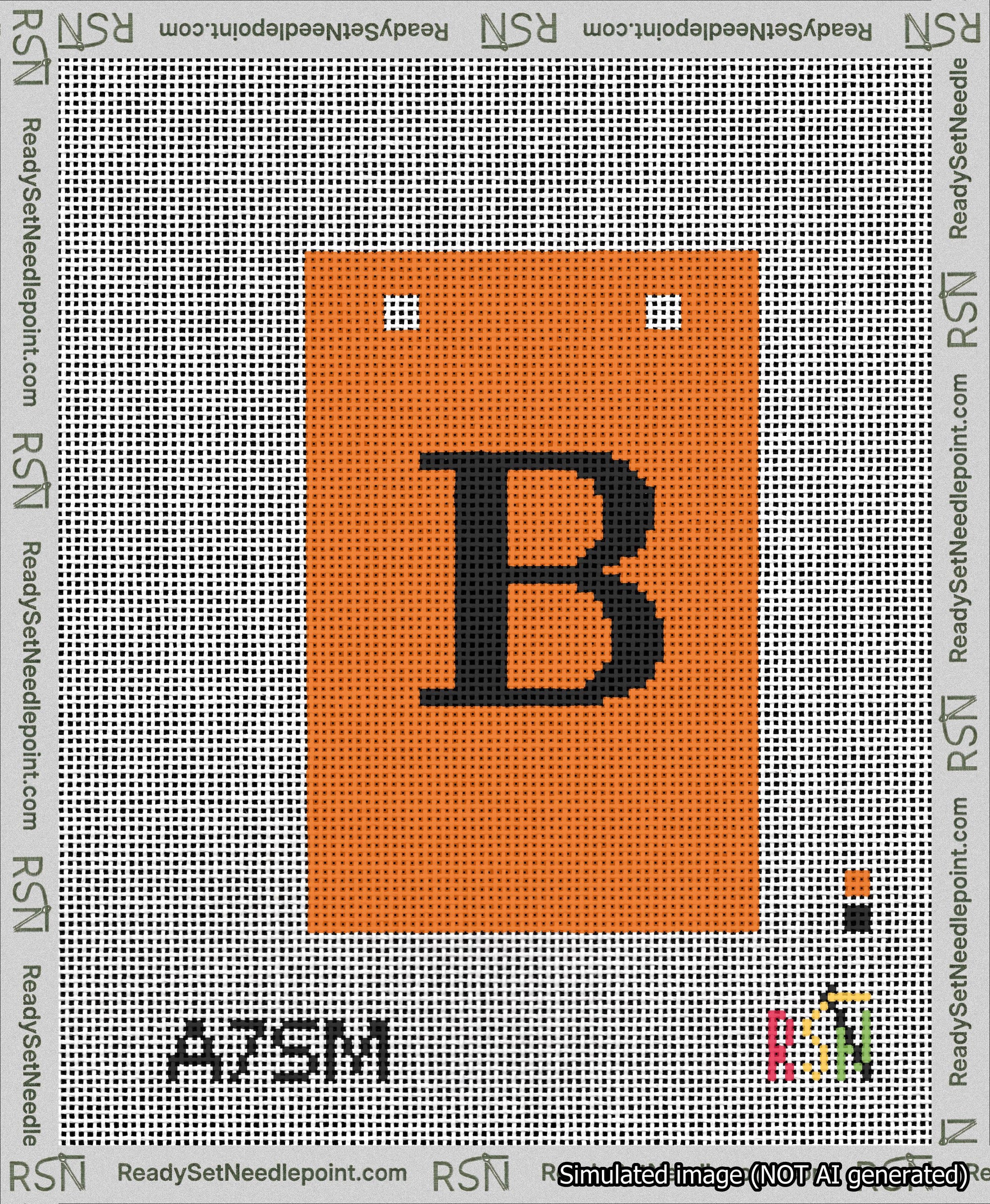 A taped needlepoint canvas with the design: Banner 13 mesh count Squared B Black on Orange.