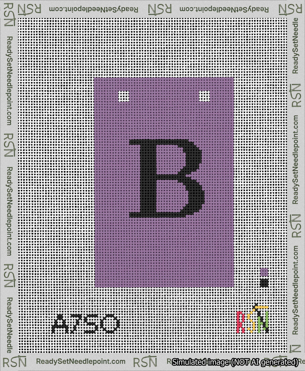 A taped needlepoint canvas with the design: Banner 13 mesh count Squared B Black on Purple.