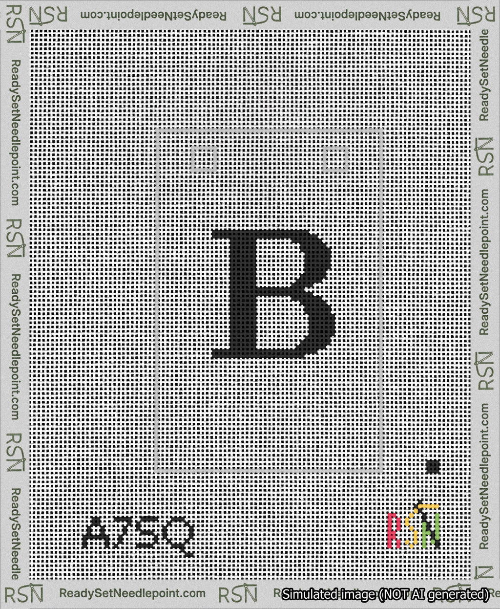 A taped needlepoint canvas with the design: Banner 13 mesh count Squared B Black on White.