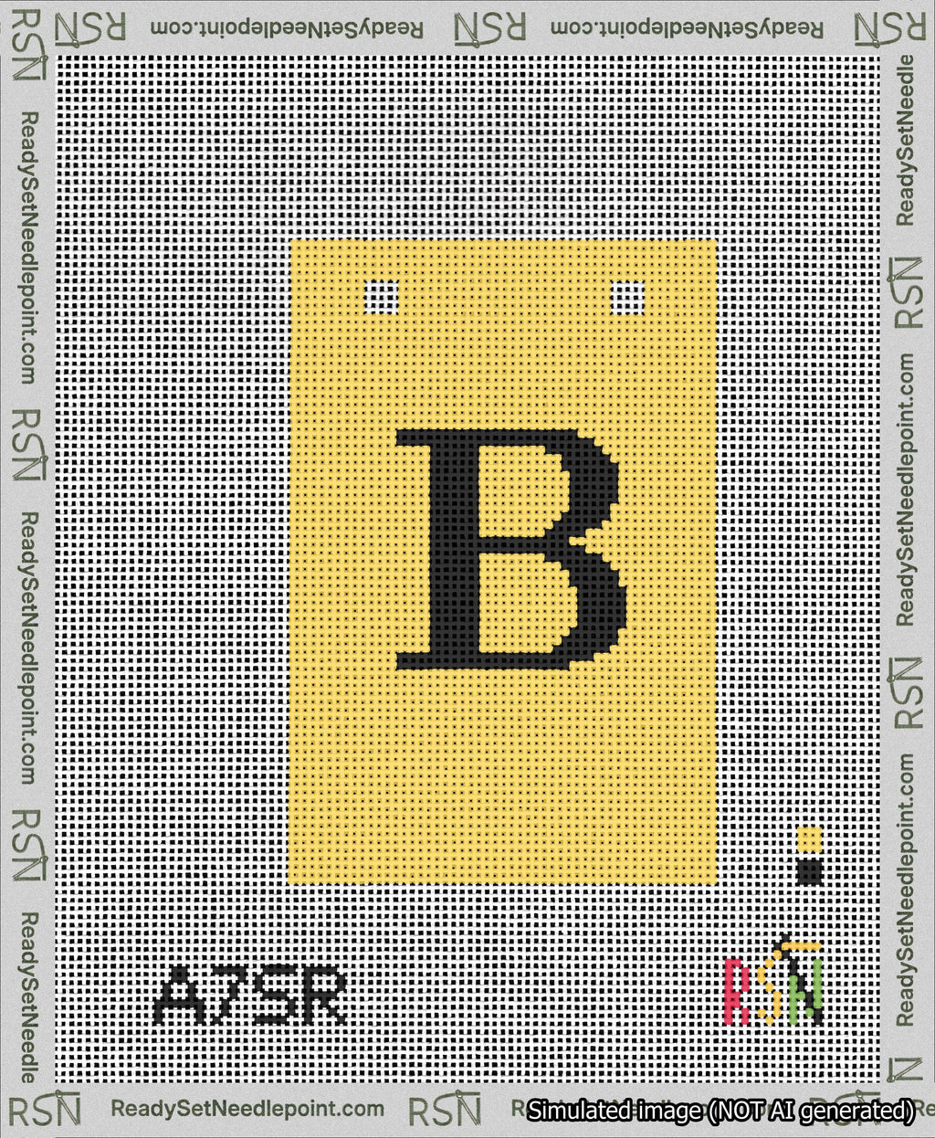 A taped needlepoint canvas with the design: Banner 13 mesh count Squared B Black on Yellow.