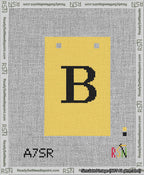 A taped needlepoint canvas with the design: Banner 13 mesh count Squared B Black on Yellow.