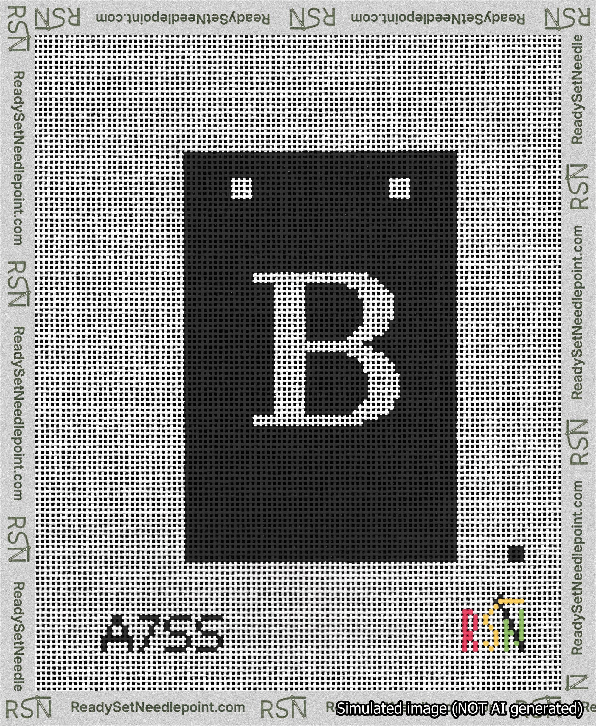 A taped needlepoint canvas with the design: Banner 13 mesh count Squared B White on Black.