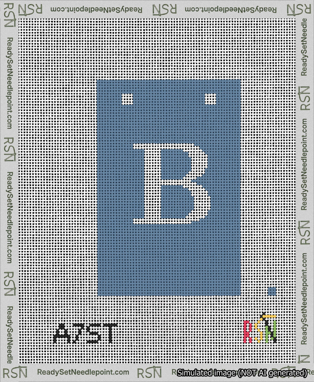 A taped needlepoint canvas with the design: Banner 13 mesh count Squared B White on Blue.