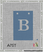 A taped needlepoint canvas with the design: Banner 13 mesh count Squared B White on Blue.