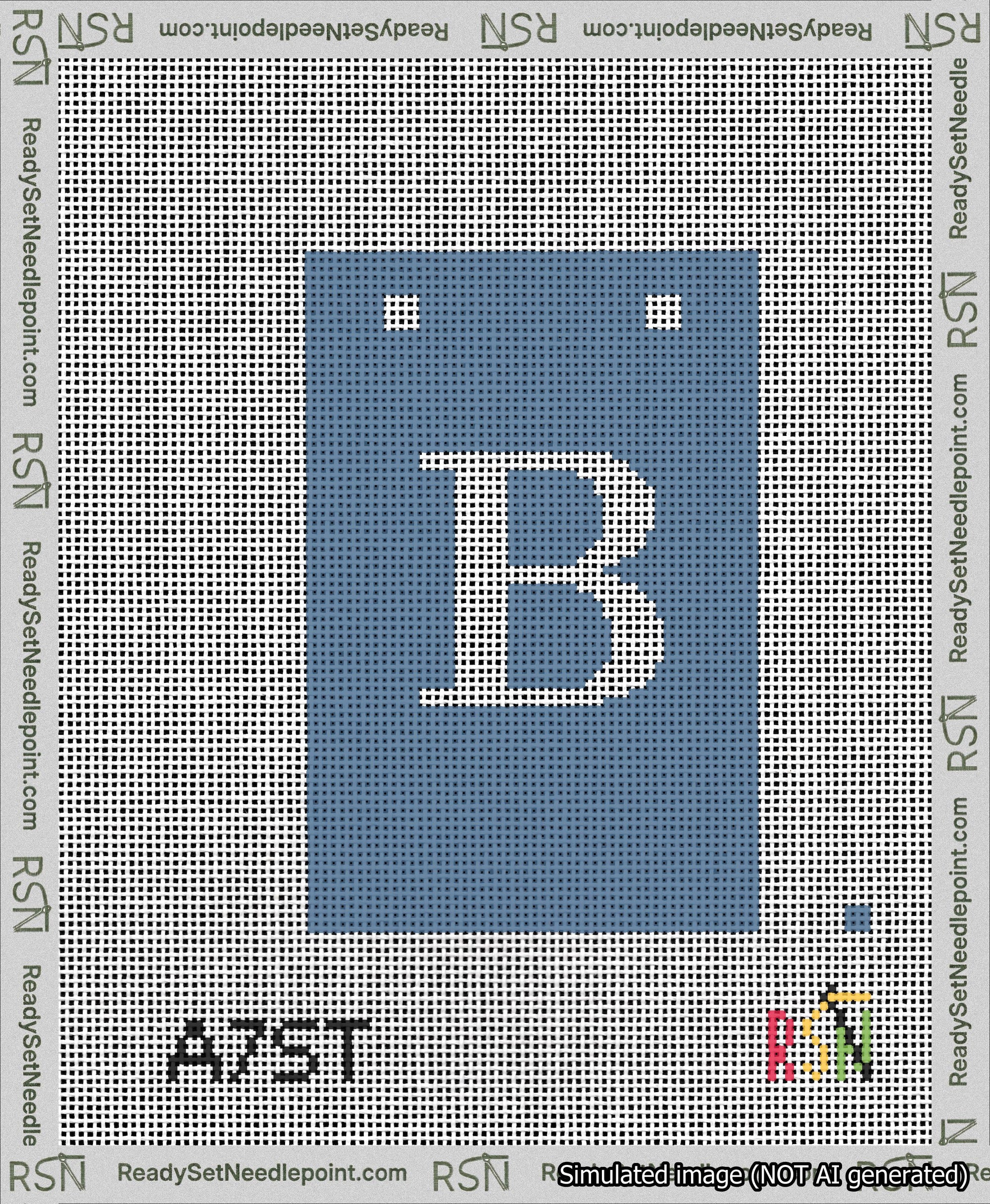 A taped needlepoint canvas with the design: Banner 13 mesh count Squared B White on Blue.