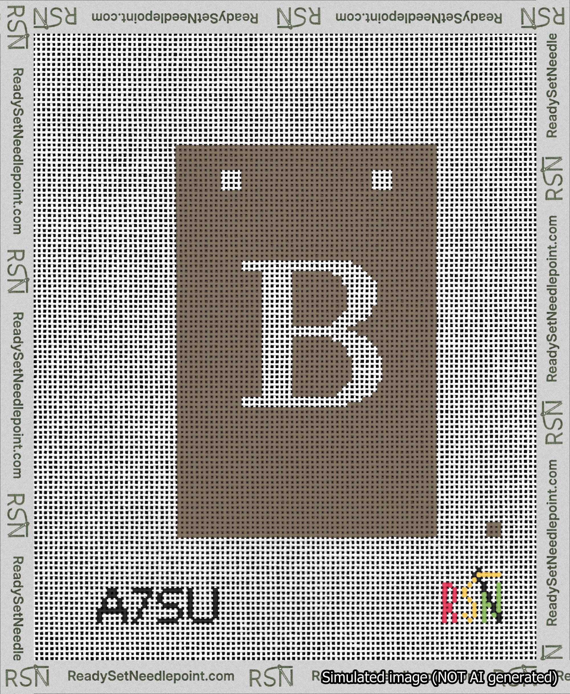 A taped needlepoint canvas with the design: Banner 13 mesh count Squared B White on Brown.