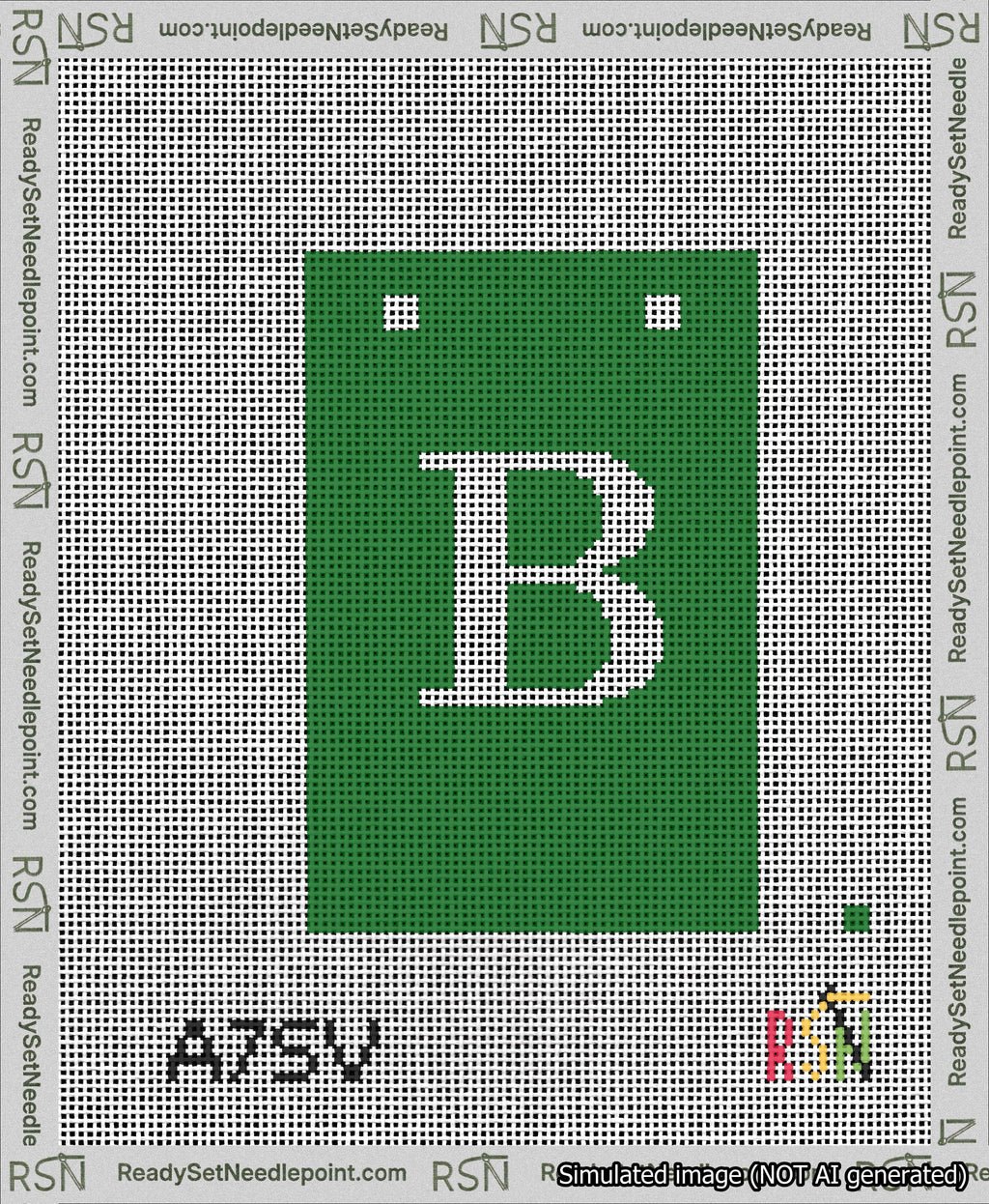 A taped needlepoint canvas with the design: Banner 13 mesh count Squared B White on Green.