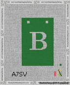 A taped needlepoint canvas with the design: Banner 13 mesh count Squared B White on Green.