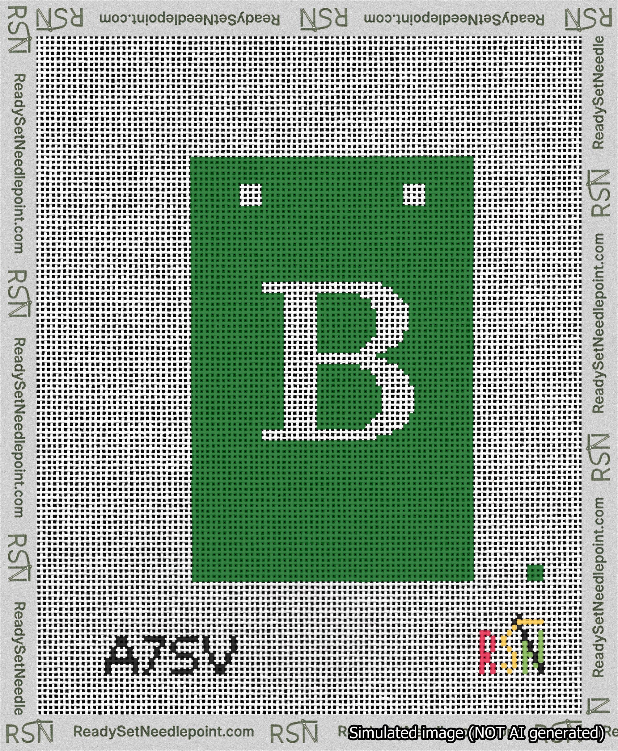 A taped needlepoint canvas with the design: Banner 13 mesh count Squared B White on Green.