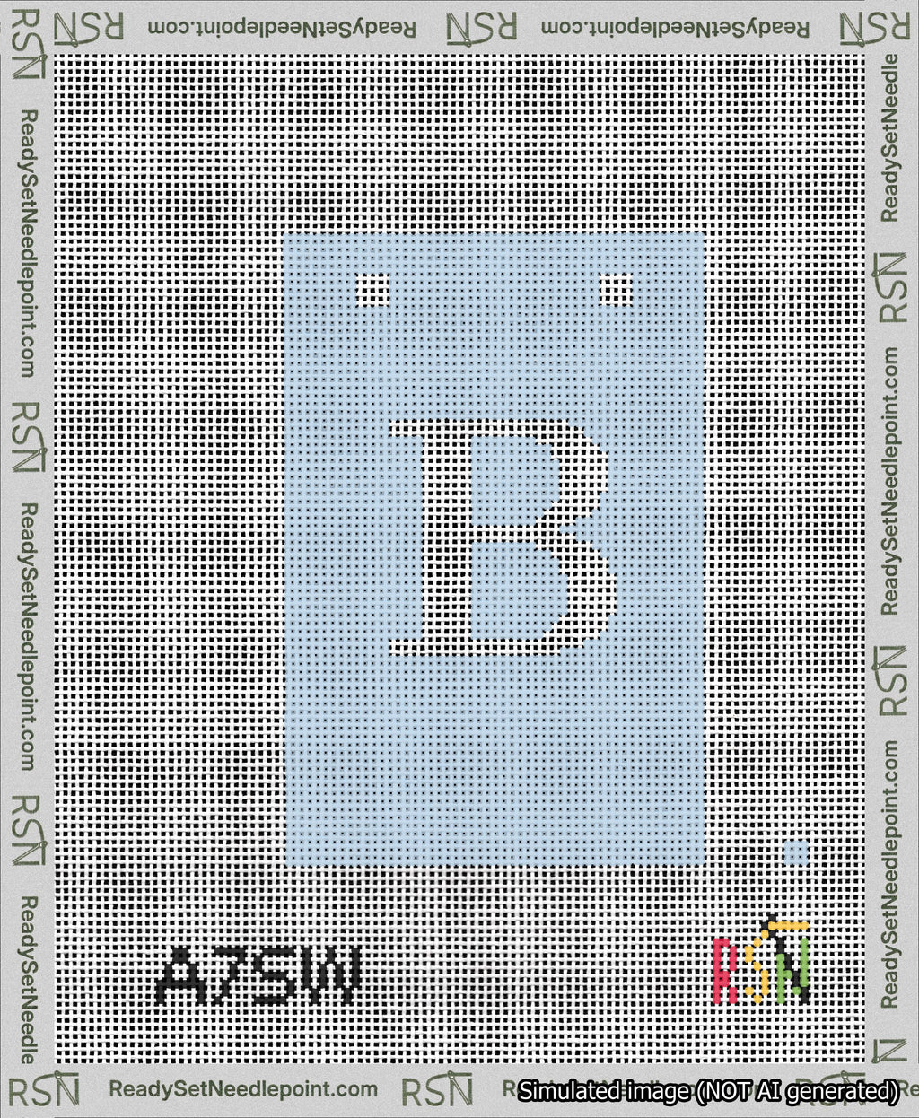 A taped needlepoint canvas with the design: Banner 13 mesh count Squared B White on Light Blue.