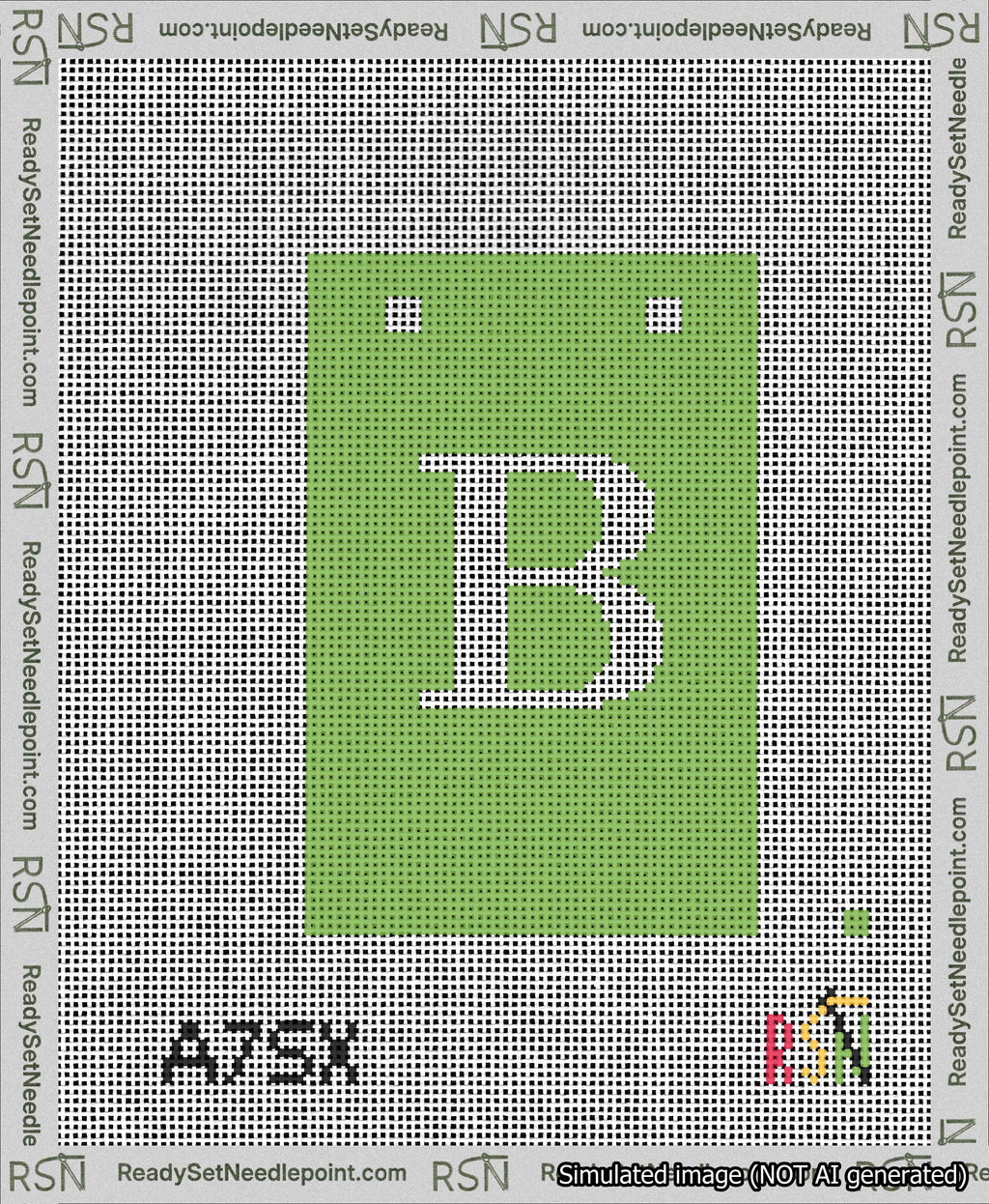 A taped needlepoint canvas with the design: Banner 13 mesh count Squared B White on Light Green.