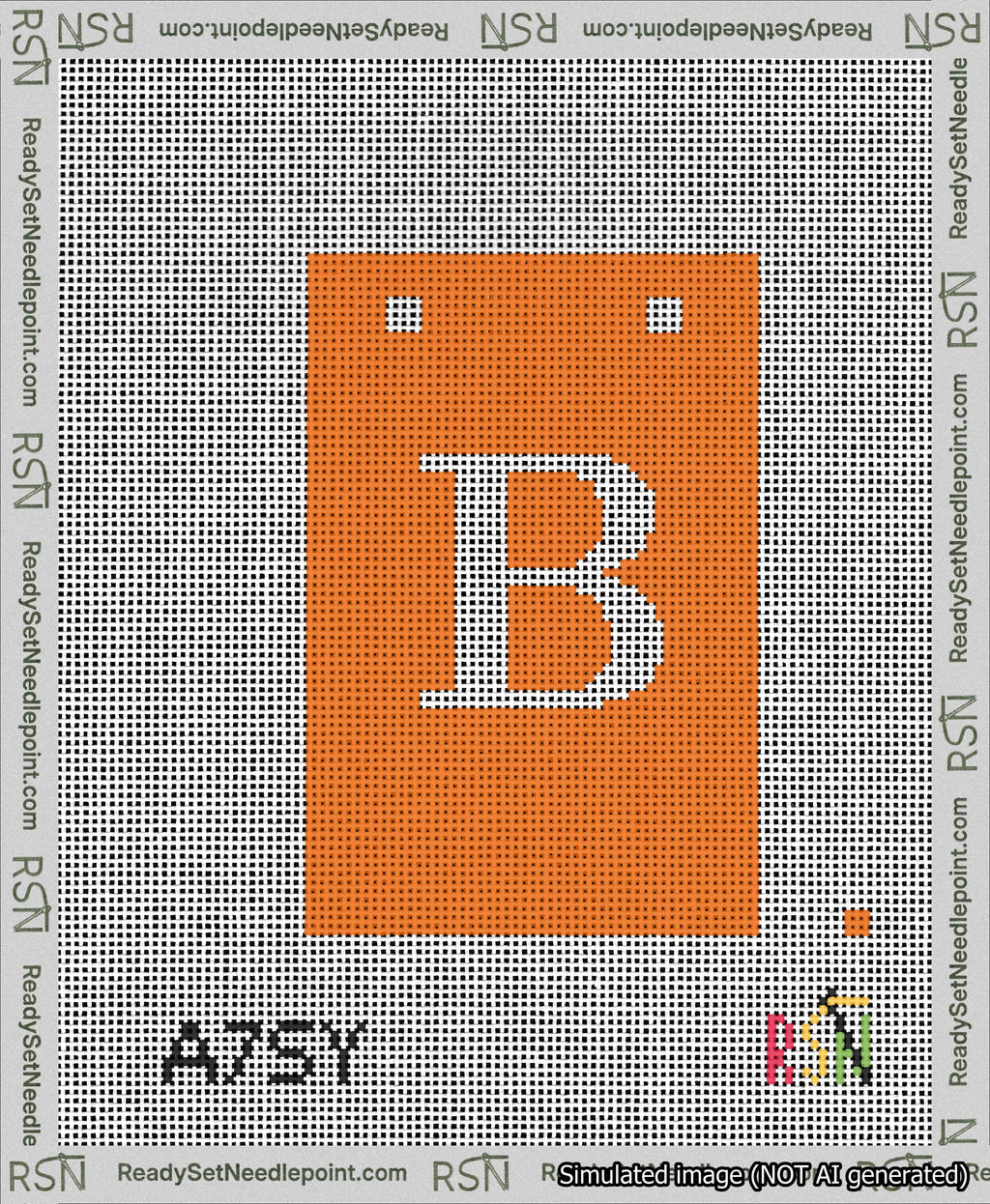A taped needlepoint canvas with the design: Banner 13 mesh count Squared B White on Orange.