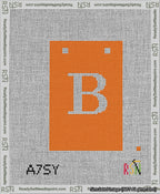 A taped needlepoint canvas with the design: Banner 13 mesh count Squared B White on Orange.