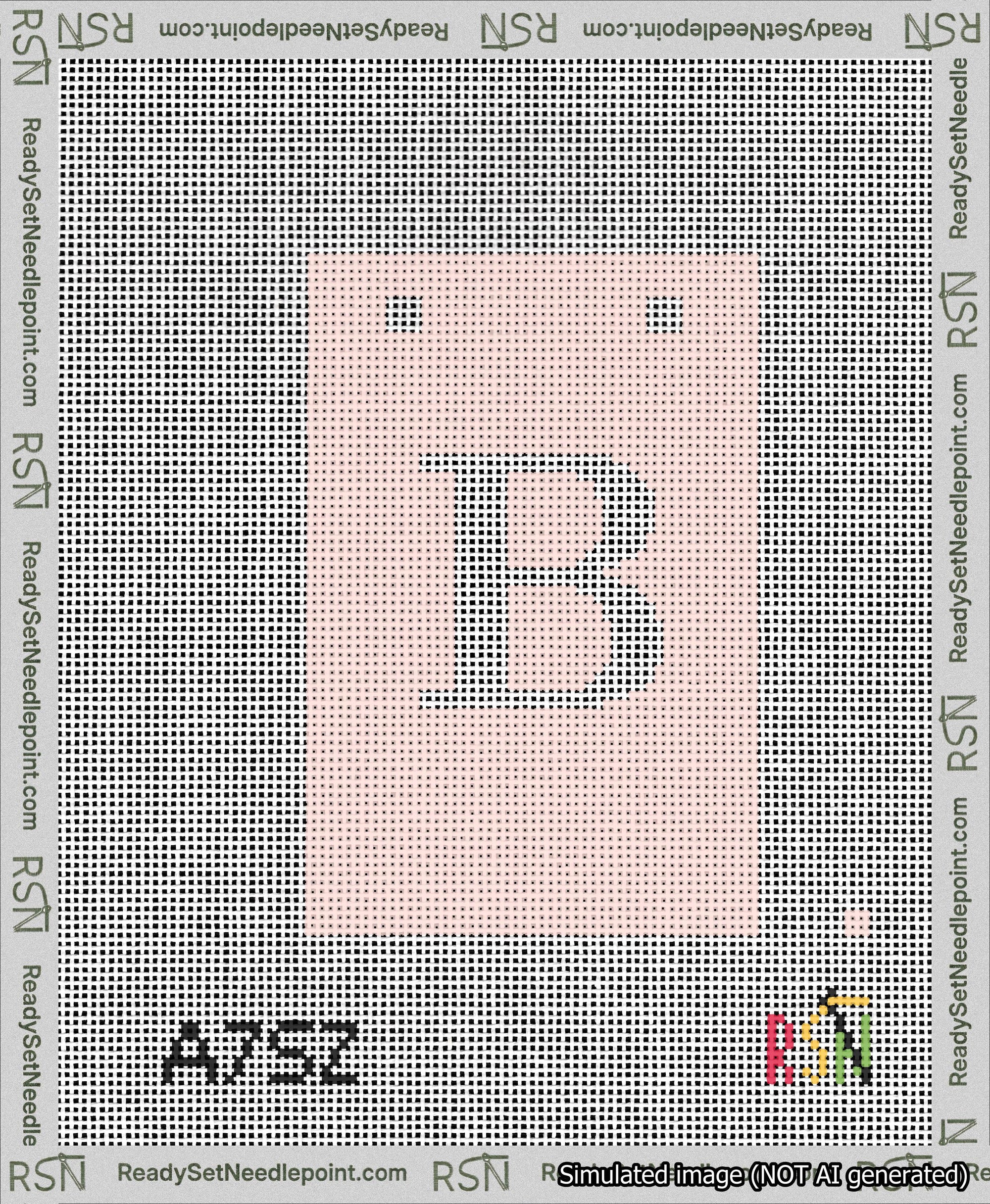 A taped needlepoint canvas with the design: Banner 13 mesh count Squared B White on Pink.