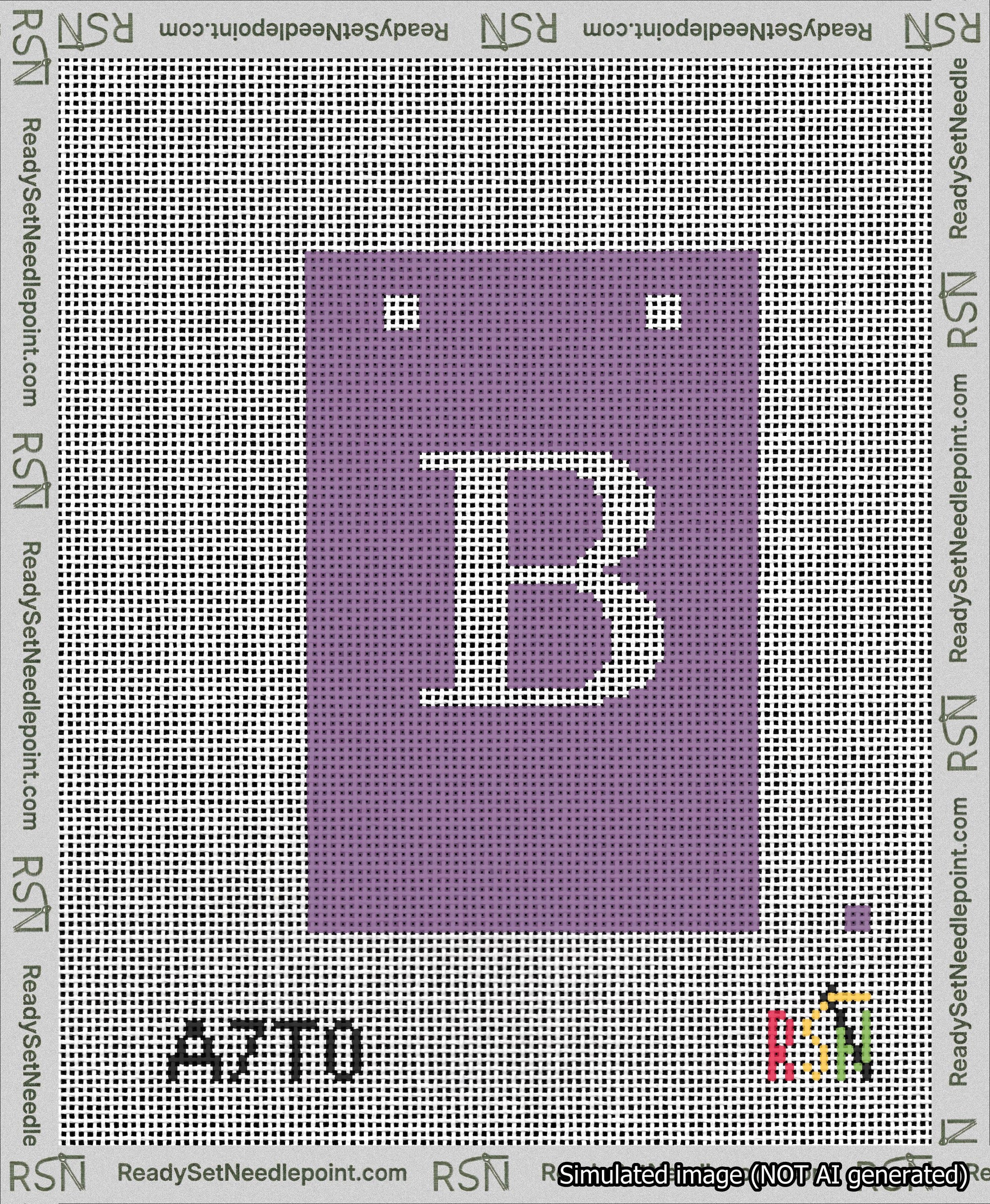 A taped needlepoint canvas with the design: Banner 13 mesh count Squared B White on Purple.