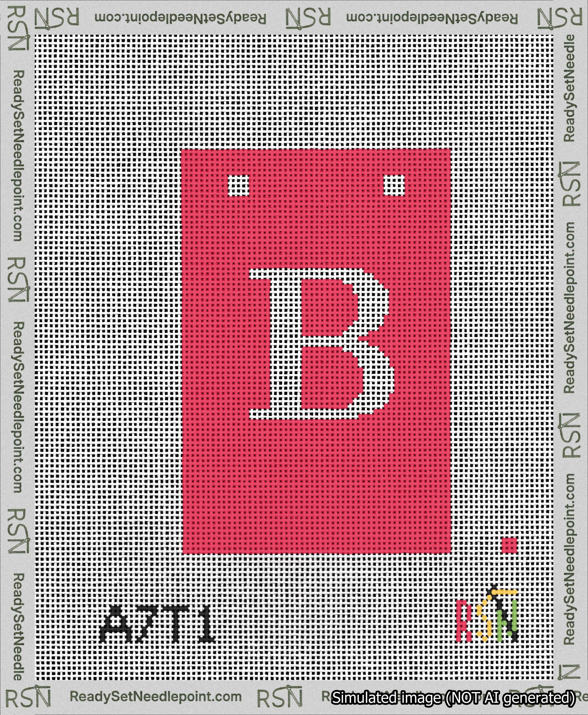 A taped needlepoint canvas with the design: Banner 13 mesh count Squared B White on Red.