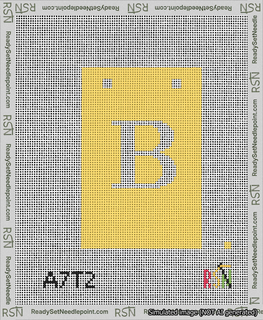 A taped needlepoint canvas with the design: Banner 13 mesh count Squared B White on Yellow.