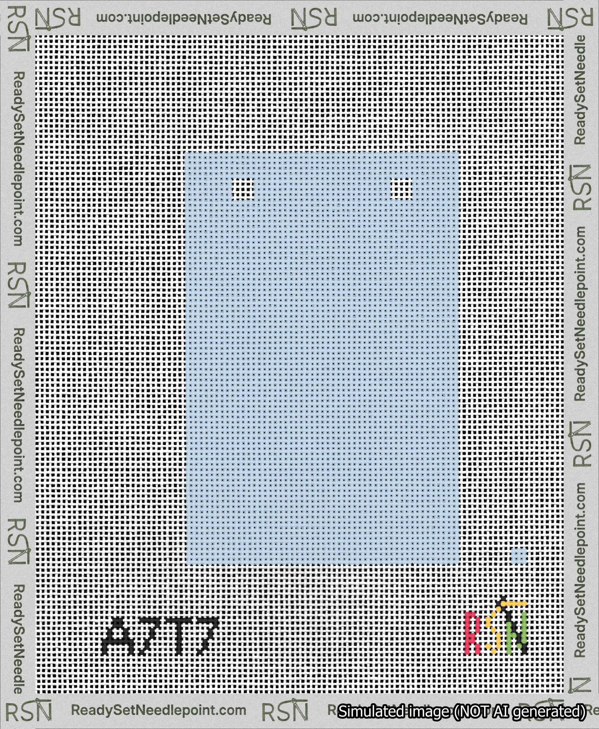 A taped needlepoint canvas with the design: Banner 13 mesh count Squared Blank Light Blue.