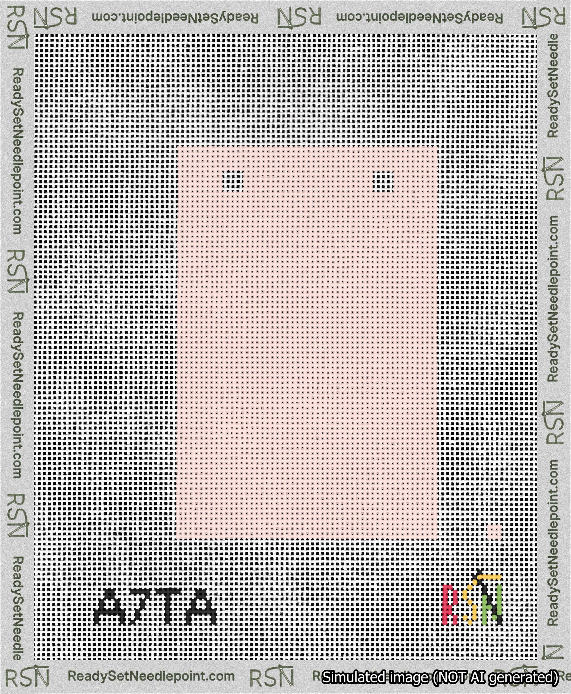 A taped needlepoint canvas with the design: Banner 13 mesh count Squared Blank Pink.