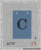 A taped needlepoint canvas with the design: Banner 13 mesh count Squared C Black on Blue.