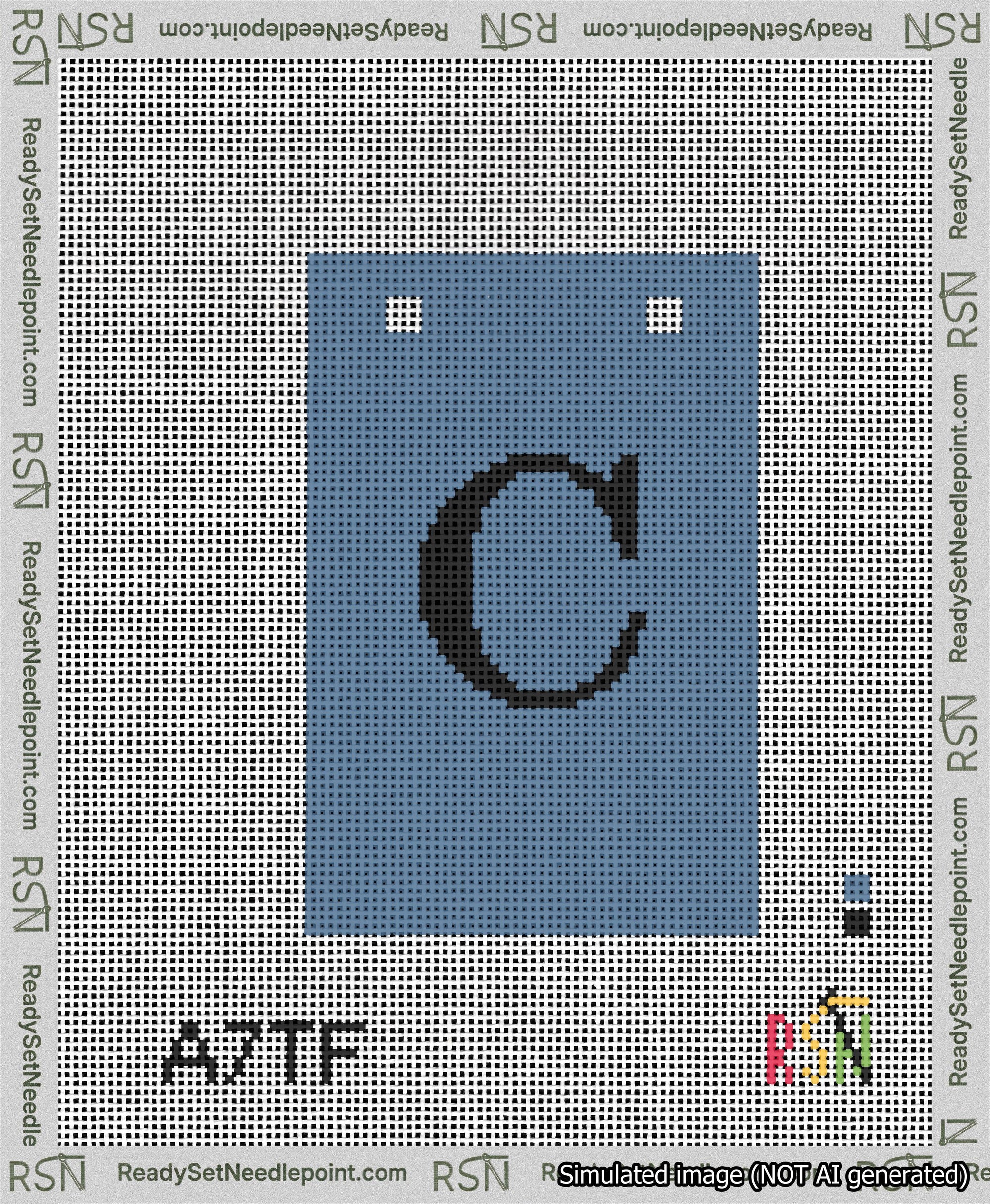 A taped needlepoint canvas with the design: Banner 13 mesh count Squared C Black on Blue.