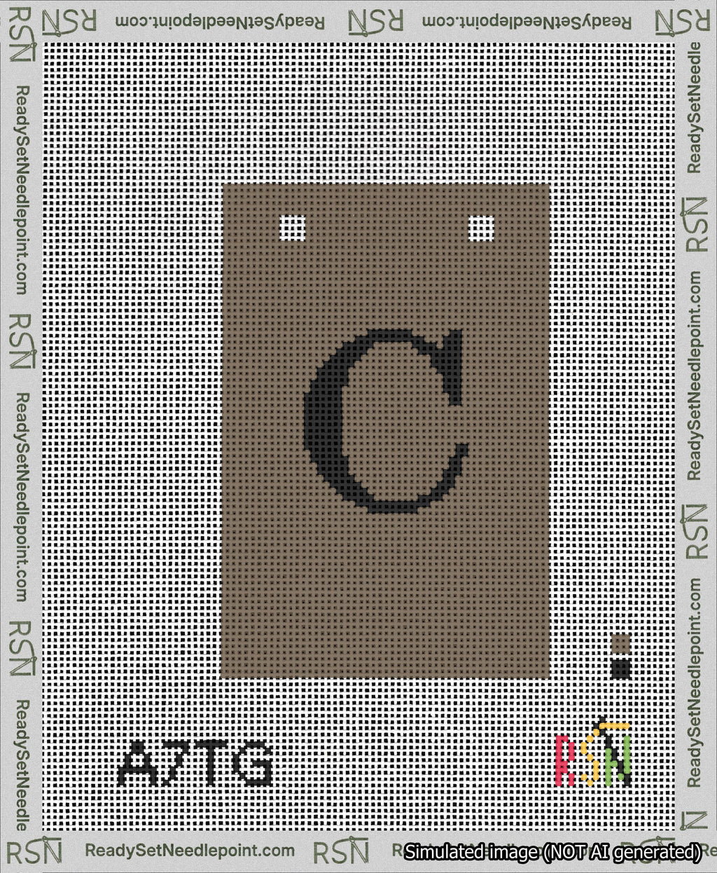 A taped needlepoint canvas with the design: Banner 13 mesh count Squared C Black on Brown.