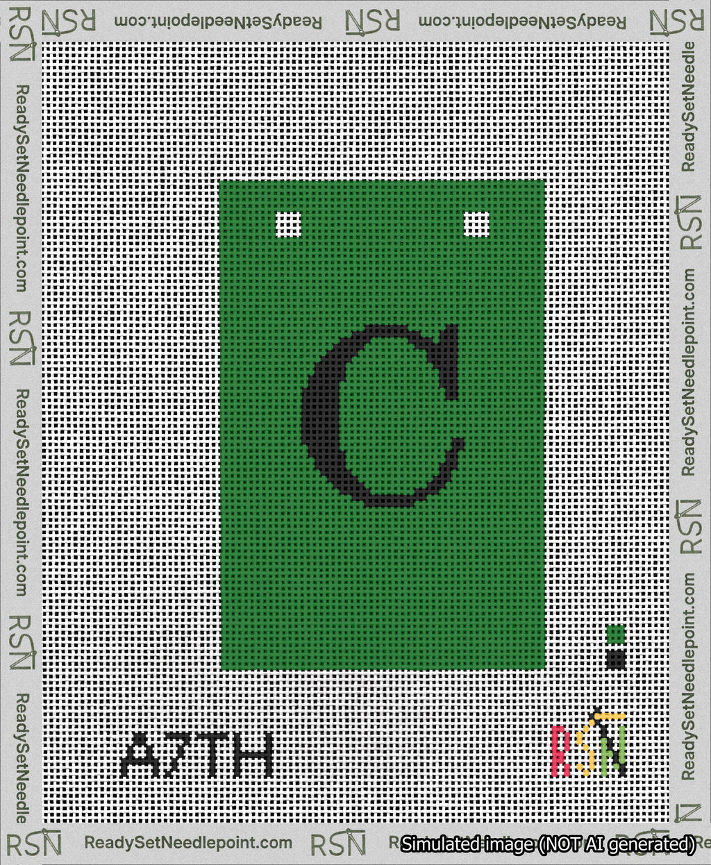 A taped needlepoint canvas with the design: Banner 13 mesh count Squared C Black on Green.