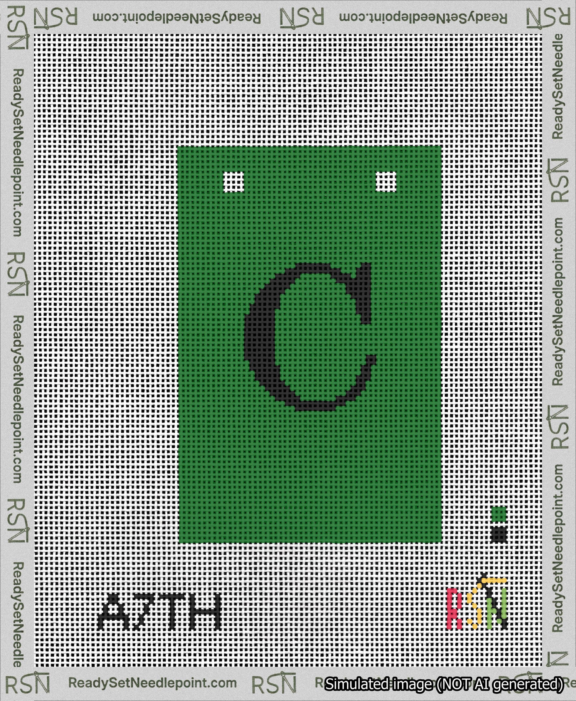 A taped needlepoint canvas with the design: Banner 13 mesh count Squared C Black on Green.