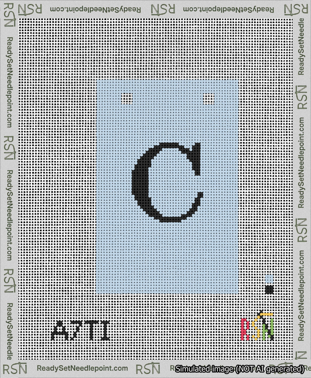 A taped needlepoint canvas with the design: Banner 13 mesh count Squared C Black on Light Blue.